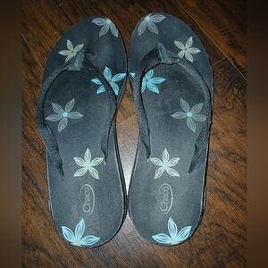 Chaco Black Sandals with Blue and Cream Floral Pattern